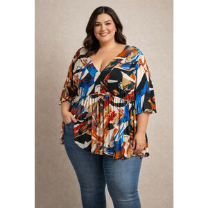 NWT Scarlett's 5XL Abstract Print Babydoll Tunic Top P V-Neck 3/4 Sleeve #G38